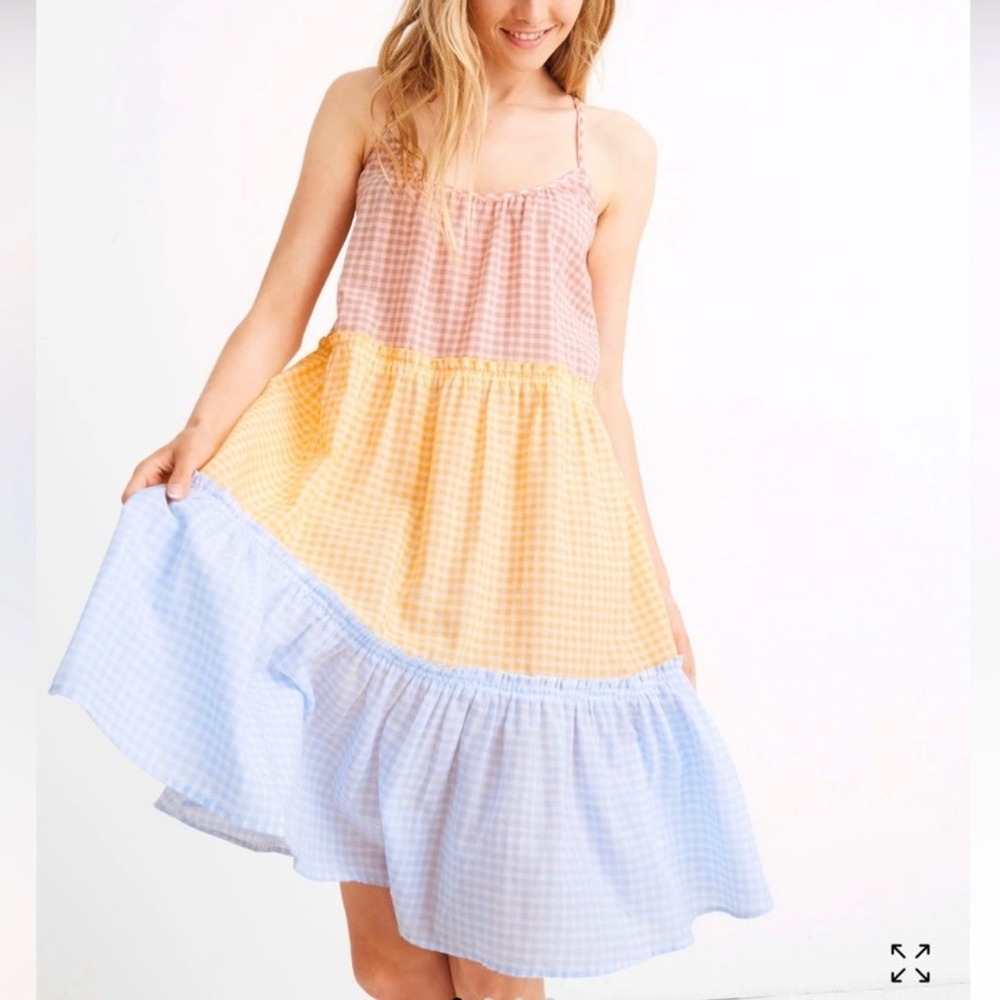 Madewell Pink‎ Yellow Blue Colorblock Gingham Tiered Cover Up Dress Size Large
